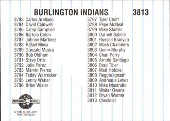 1994 Fleer ProCards #3813 Burlington Indians Checklist Back