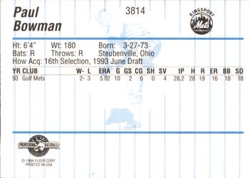 1994 Fleer ProCards #3814 Paul Bowman Back