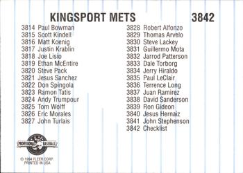 1994 Fleer ProCards #3842 Kingsport Mets Checklist Back