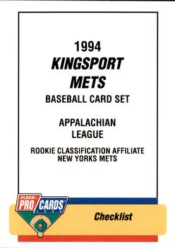 1994 Fleer ProCards #3842 Kingsport Mets Checklist Front