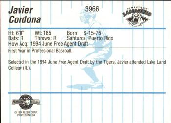 1994 Fleer ProCards #3966 Javier Cordona Back