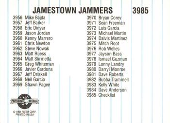 1994 Fleer ProCards #3985 Jamestown Jammers Checklist Back