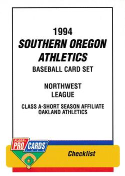 1994 Fleer ProCards #3640 Southern Oregon A's Checklist Front