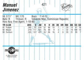 1994 Fleer ProCards #421 Manuel Jimenez Back