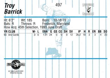 1994 Fleer ProCards #497 Troy Barrick Back
