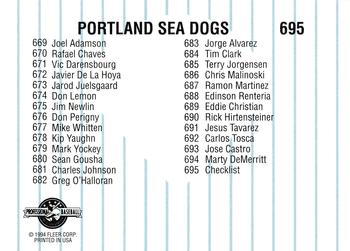1994 Fleer ProCards #695 Portland Sea Dogs Checklist Back