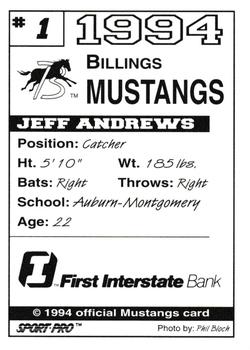 1994 Sport Pro Billings Mustangs #1 Jeff Andrews Back