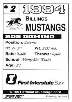 1994 Sport Pro Billings Mustangs #2 Rob Domino Back