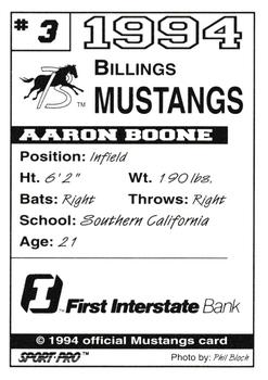 1994 Sport Pro Billings Mustangs #3 Aaron Boone Back