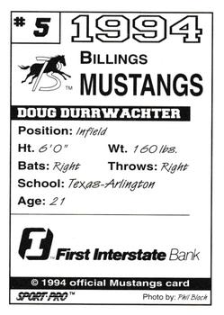1994 Sport Pro Billings Mustangs #5 Doug Durrwachter Back