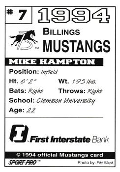1994 Sport Pro Billings Mustangs #7 Mike Hampton Back