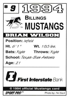 1994 Sport Pro Billings Mustangs #9 Brian Wilson Back