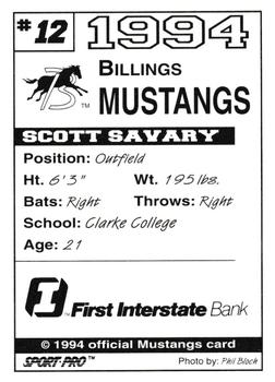 1994 Sport Pro Billings Mustangs #12 Scott Savary Back
