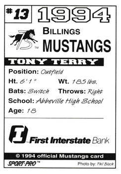 1994 Sport Pro Billings Mustangs #13 Tony Terry Back