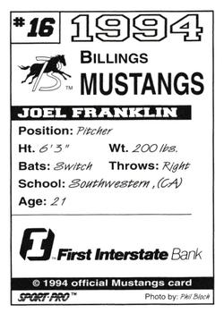 1994 Sport Pro Billings Mustangs #16 Joel Franklin Back