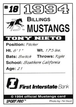 1994 Sport Pro Billings Mustangs #18 Tony Nieto Back