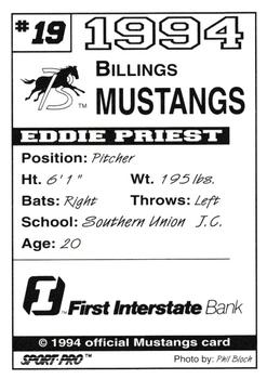 1994 Sport Pro Billings Mustangs #19 Eddie Priest Back