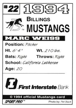1994 Sport Pro Billings Mustangs #22 Marc Weiss Back