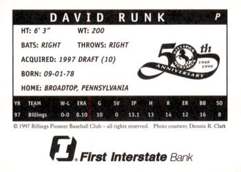 1998 Billings Mustangs #NNO David Runk Back