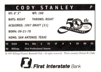1998 Billings Mustangs #NNO Cody Stanley Back