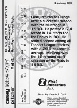 1999 Grandstand Billings Mustangs #NNO Casey McEvoy Back