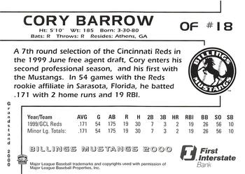 2000 Grandstand Billings Mustangs #NNO Cory Barrow Back