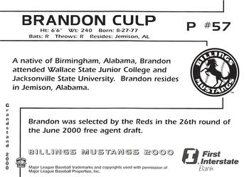2000 Grandstand Billings Mustangs #NNO Brandon Culp Back
