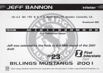 2001 Grandstand Billings Mustangs #NNO Jeff Bannon Back