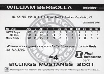 2001 Grandstand Billings Mustangs #NNO William Bergolla Back