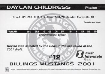 2001 Grandstand Billings Mustangs #NNO Daylan Childress Back