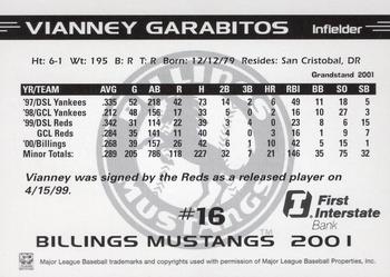 2001 Grandstand Billings Mustangs #NNO Vianney Garabitos Back