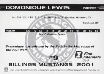 2001 Grandstand Billings Mustangs #NNO Domonique Lewis Back