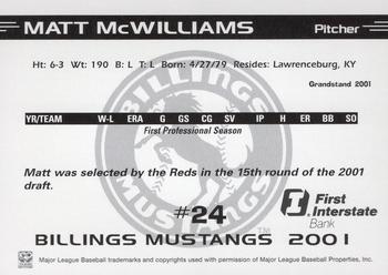 2001 Grandstand Billings Mustangs #NNO Matt McWilliams Back