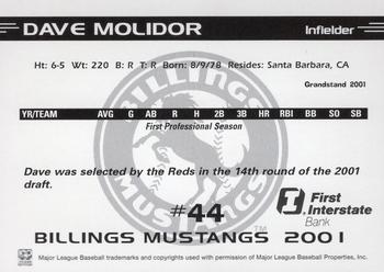 2001 Grandstand Billings Mustangs #NNO Dave Molidor Back