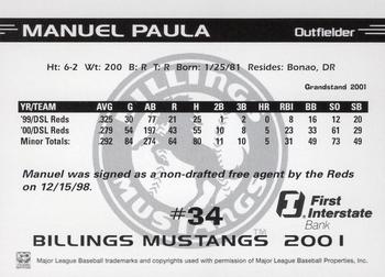 2001 Grandstand Billings Mustangs #NNO Manuel Paula Back