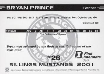 2001 Grandstand Billings Mustangs #NNO Bryan Prince Back