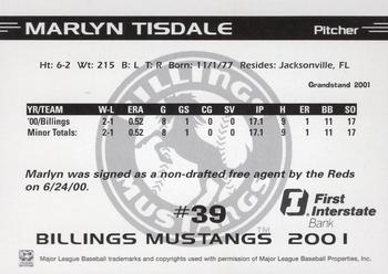 2001 Grandstand Billings Mustangs #NNO Marlyn Tisdale Back