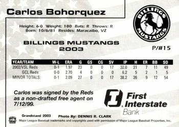 2003 Grandstand Billings Mustangs #NNO Carlos Bohorquez Back
