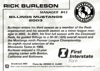 2003 Grandstand Billings Mustangs #NNO Rick Burleson Back