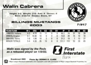2003 Grandstand Billings Mustangs #NNO Walin Cabrera Back