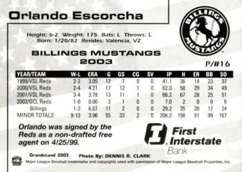2003 Grandstand Billings Mustangs #NNO Orlando Escorcha Back