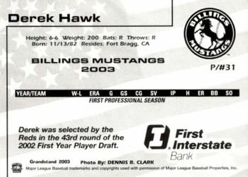 2003 Grandstand Billings Mustangs #NNO Derek Hawk Back