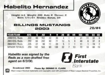 2003 Grandstand Billings Mustangs #NNO Habelito Hernandez Back