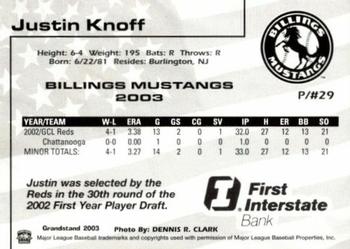 2003 Grandstand Billings Mustangs #NNO Justin Knoff Back