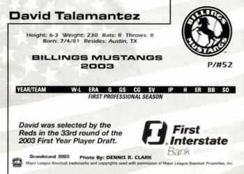 2003 Grandstand Billings Mustangs #NNO David Talamantez Back