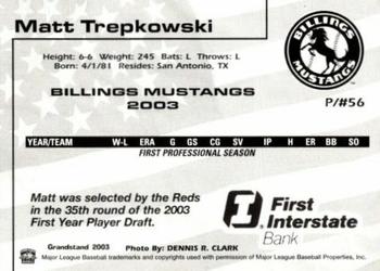 2003 Grandstand Billings Mustangs #NNO Matt Trepkowski Back
