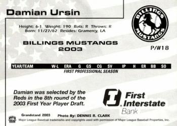 2003 Grandstand Billings Mustangs #NNO Damian Ursin Back