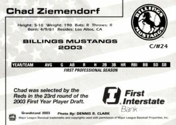 2003 Grandstand Billings Mustangs #NNO Chad Ziemendorf Back