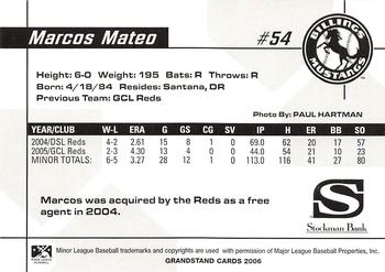 2006 Grandstand Billings Mustangs #NNO Marcos Mateo Back