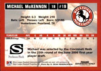2007 Grandstand Billings Mustangs #NNO Michael McKennon Back